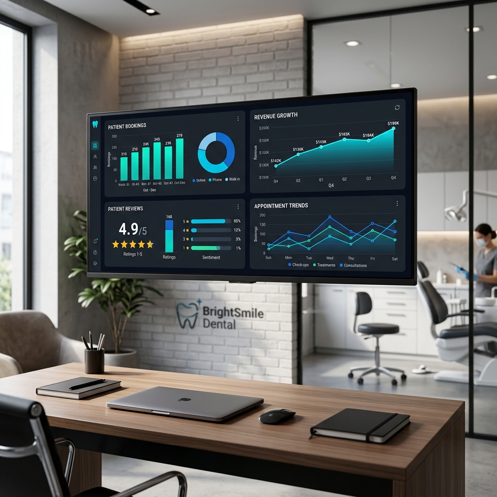 Analytics dashboard showing dental clinic booking trends, revenue growth, and patient metrics
