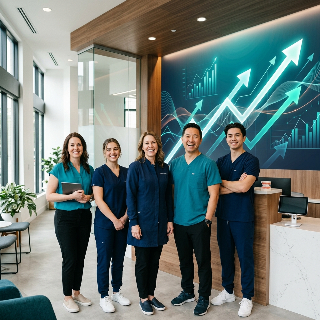 Dental clinic team celebrating growth with digital analytics in the background