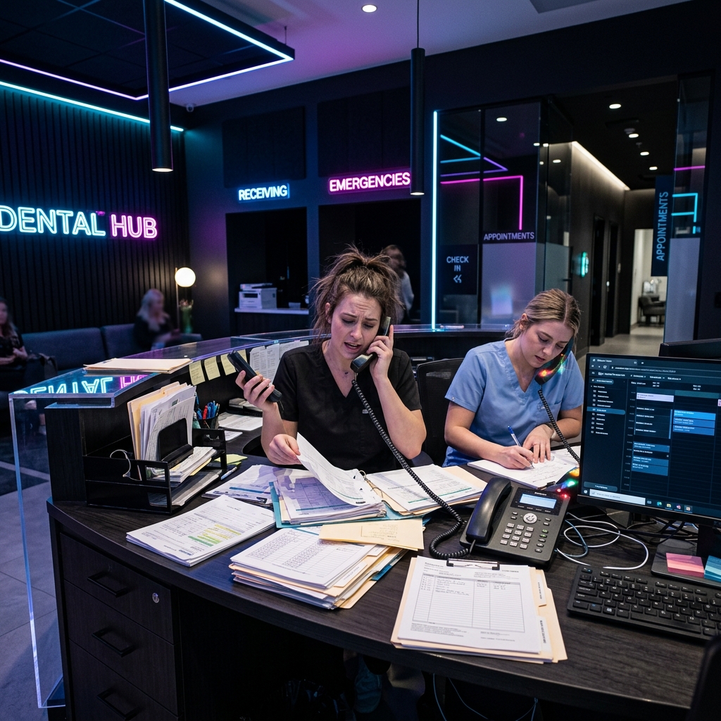 Stressed dental clinic staff with ringing phones