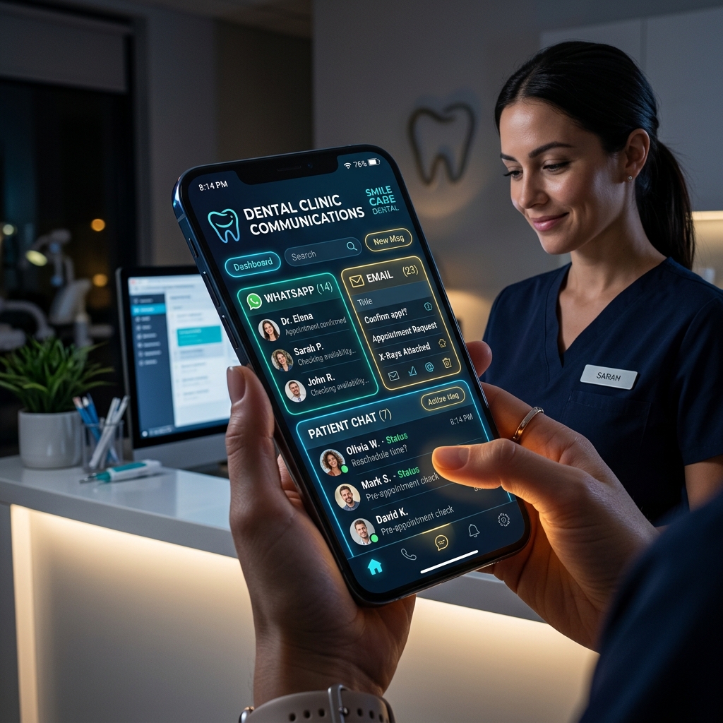 Futuristic smartphone with WhatsApp, Email, and Chat for a dental clinic