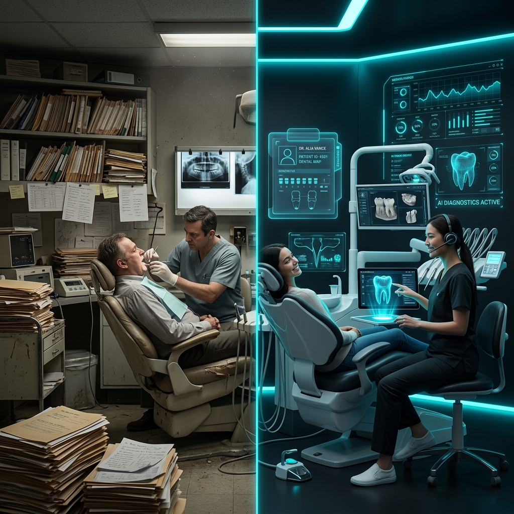 Traditional dental office transforming into a sleek futuristic digital clinic