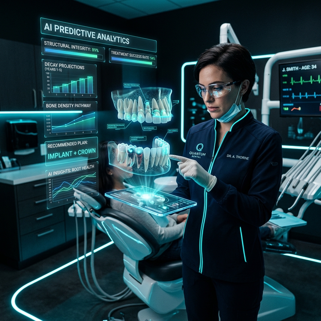 Dentist using AI-powered tablet with holographic teeth models