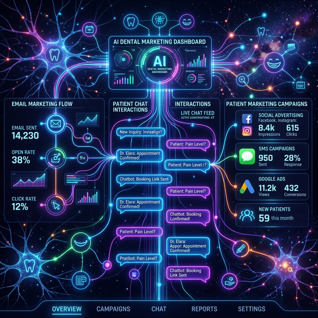 Neon glowing AI communication network visualizing emails and chat bubbles