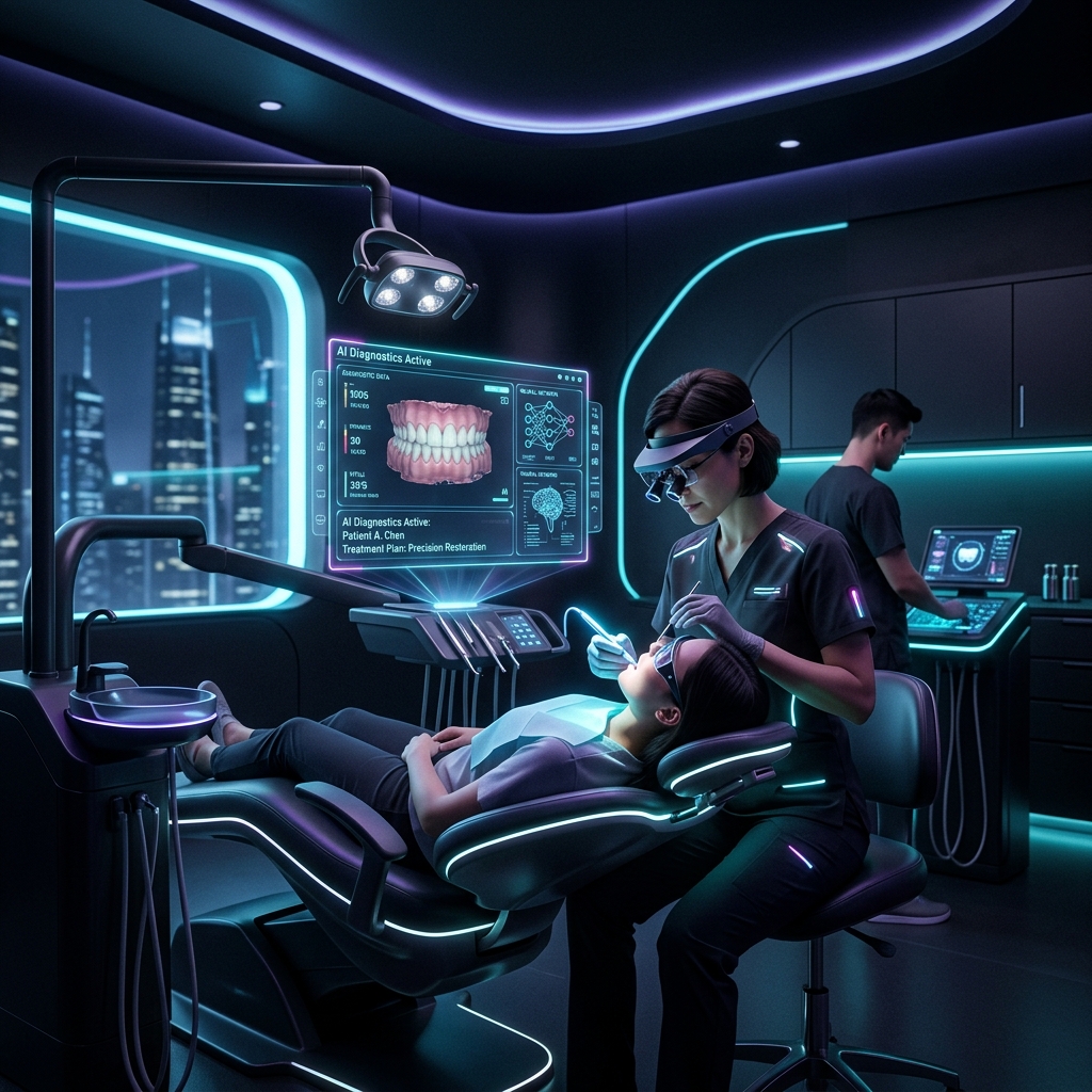 Futuristic sleek dental clinic with glowing neon AI interfaces