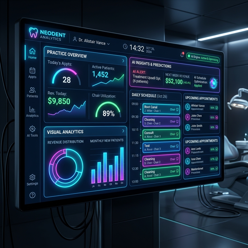 High-tech dashboard interface for dental practice management analytics