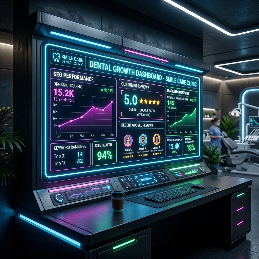 Glowing neon dashboard showing SEO charts and Google reviews