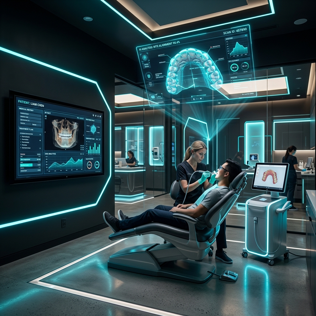 Futuristic dental clinic with holographic AI interfaces