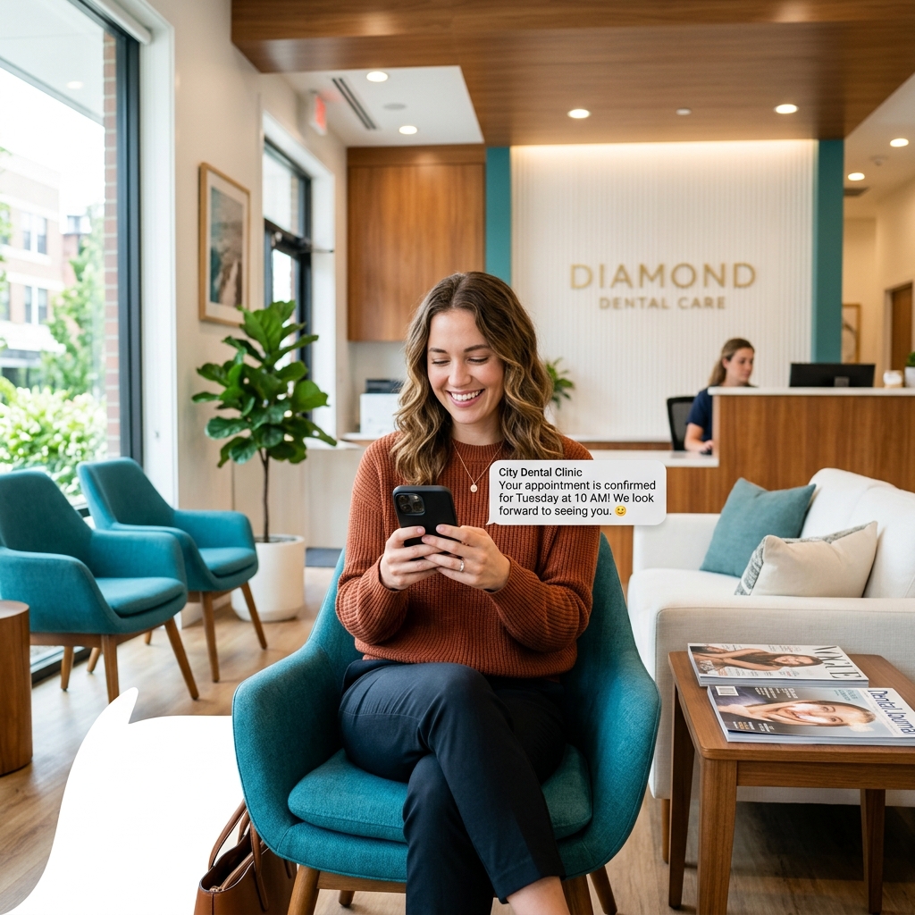 Patient checking appointment confirmation on smartphone in modern dental clinic waiting room
