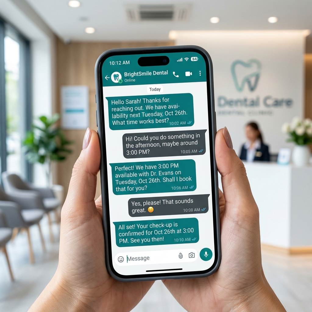 Smartphone showing WhatsApp-style dental appointment booking chat interface